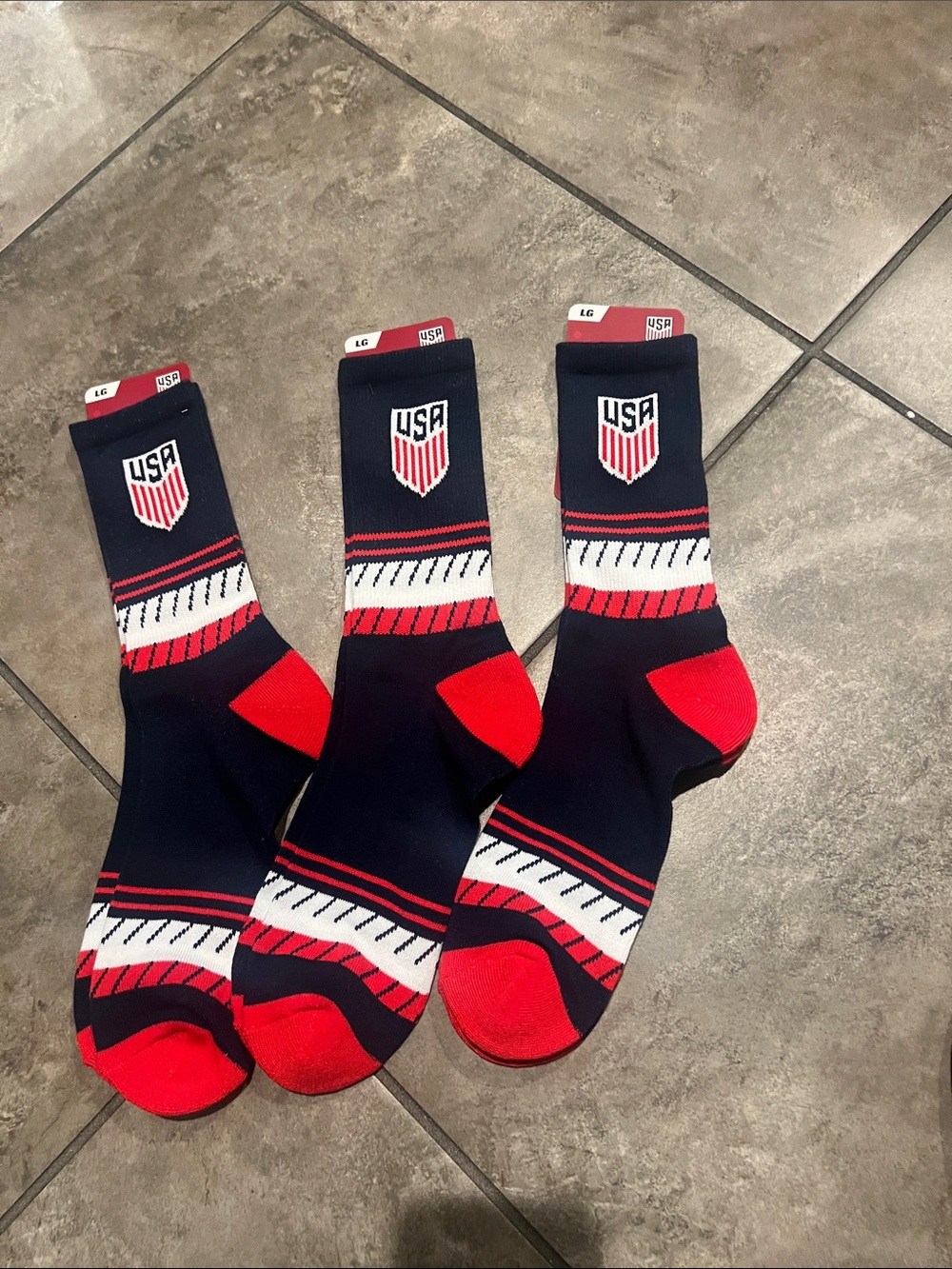 USA Shield Crew Socks for Men — Navy, Red & White
Large size for men or women